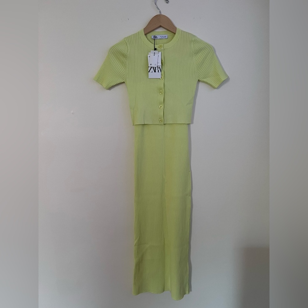 Zara Women Yellow Green Ribbed Knit Dress w/ Crop Button Down Top Cardigan Small - Picture 4 of 17